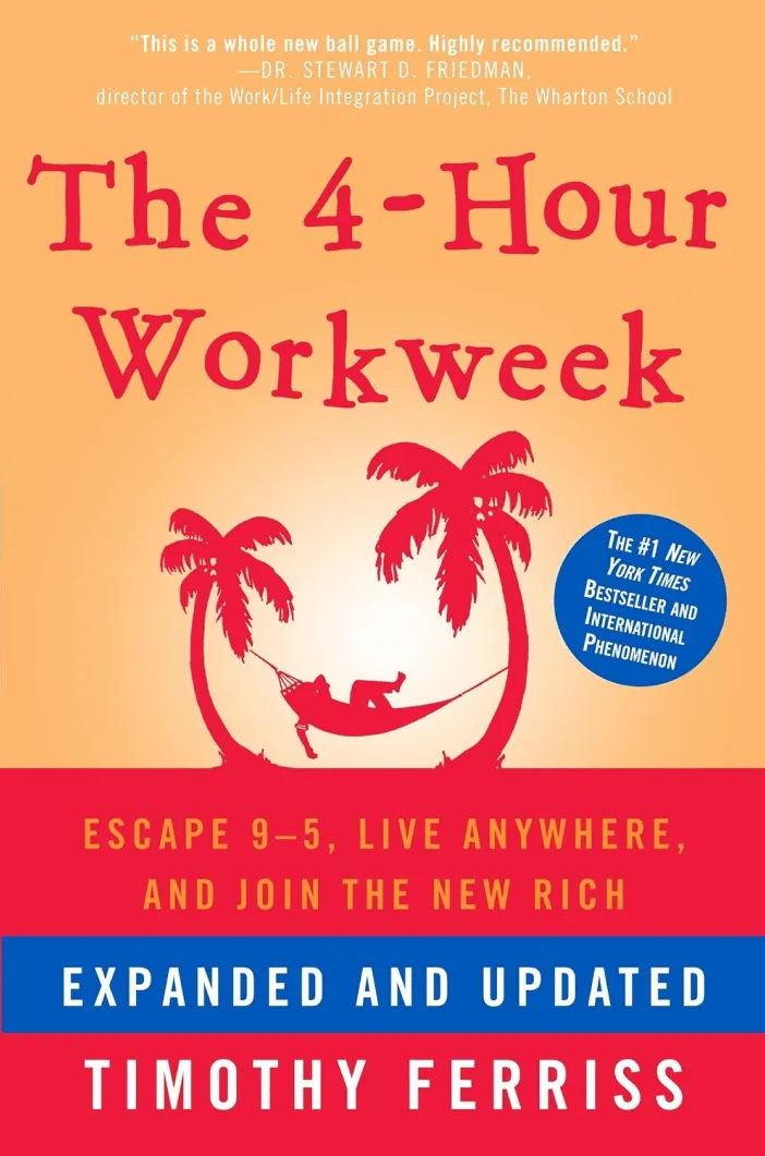 The 4-Hour Workweek book cover. Featuring someone swinging in a hammock set up in palm trees.