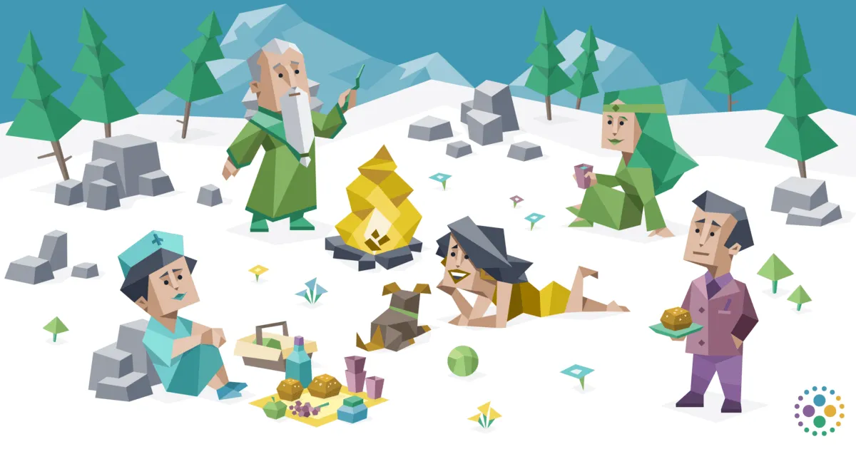 16 Personalities illustration characters  in a nature environment with trees, rocks, flowers, a dog, picnic and campfire