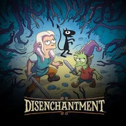 Disenchantment characters, Bean, Elfo and Luci, in a forest preparing to a fight with upcoming enemies