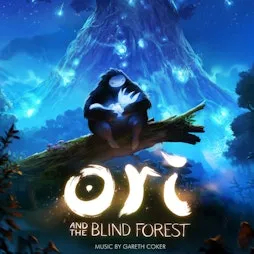 Ori game poster. Naru sitting on a fell tree body, holding Ori in her lap.