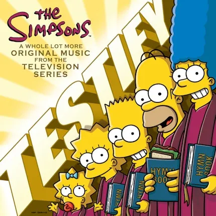 The Simpsons poster including the characters from left to right Maggie, Lisa, Bart, Homer and Marge.