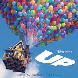 'Up' movie poster. A classic house flying by the help of a thousand colorful balloons.