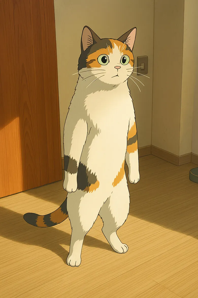 Illustration of a calico cat standing upright on its hind legs in a well-lit room with wooden flooring. The art style resembles Studio Ghibli animation, featuring smooth shading, expressive eyes, and soft, warm tones.