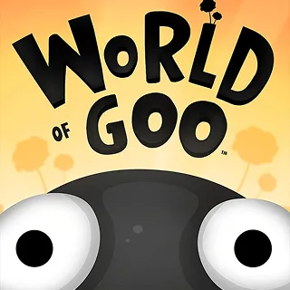 Cover art for World of Goo, featuring a close-up of a goo ball with large eyes against a yellow-orange sky with silhouetted trees.